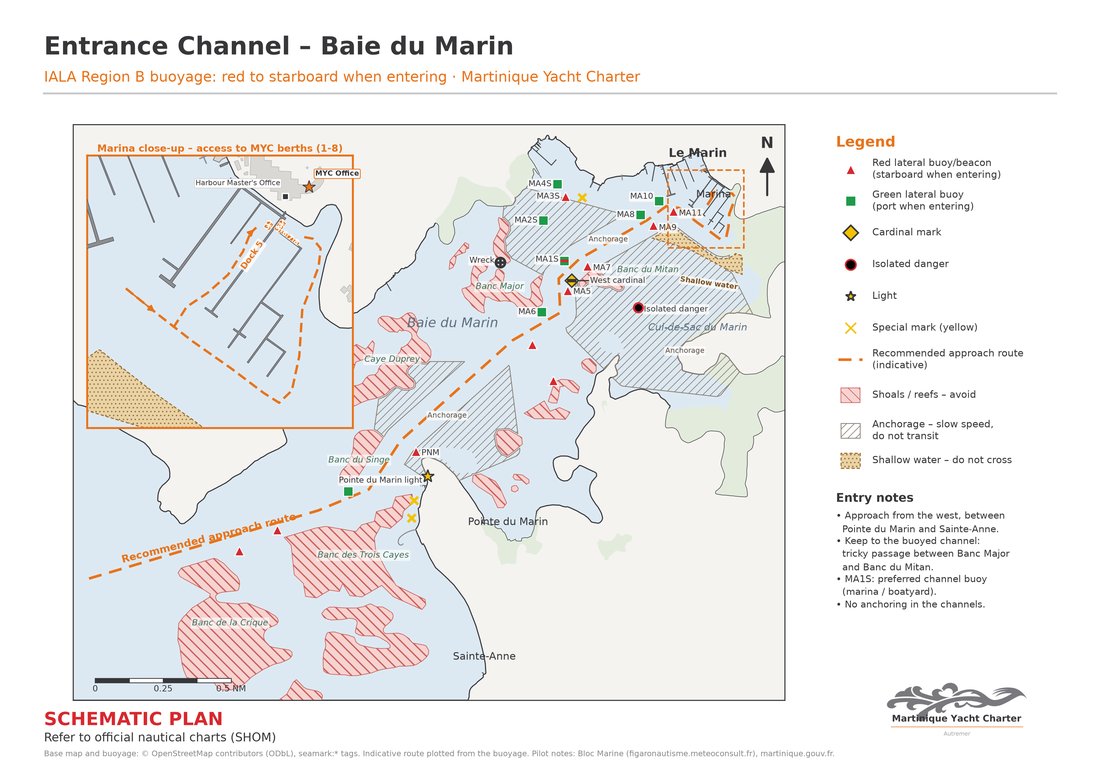 Schematic plan of the entrance channel to the bay of Le Marin: IALA B buoyage, shoals and reefs to avoid, recommended entry route and close-up of the marina