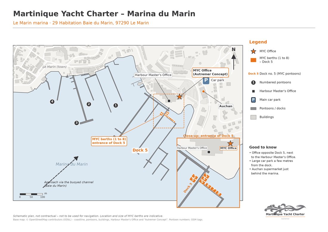 Plan of the Marina du Marin: MYC office opposite pontoon 5, MYC berths 1 to 8, harbour master’s office, car park and supermarket