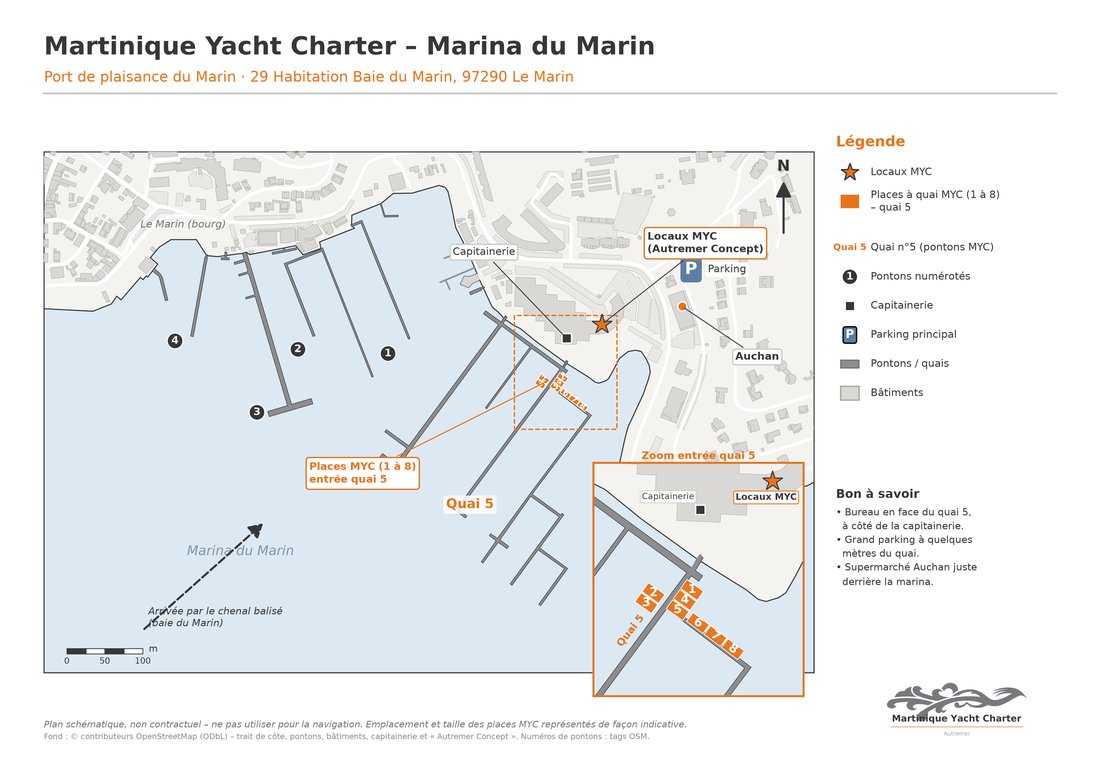Plan de la marina du Marin : locaux MYC face au quai 5, places à quai MYC 1 à 8, capitainerie, parking et supermarché